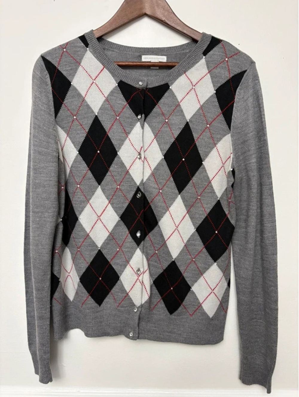New York & Company Argyle Rhinestone Cardigan Sweater Gray Black Red L